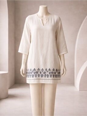 Roberta Roller Rabbit Womens Sardina Kurta Fish Tunic Top White Cotton - Size L